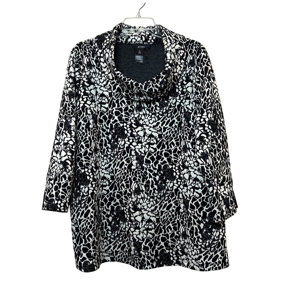 Ali Miles Tunic Top Womens XL Black White Cowl Neck Abstract Animal Modern Fun